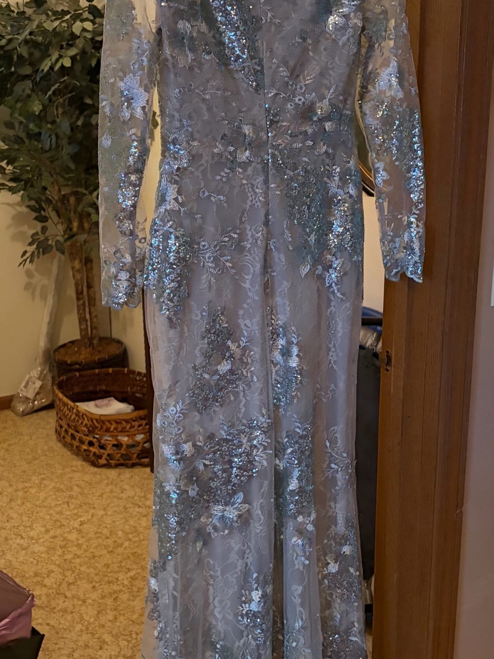 Mac Duggal Icy Blue Sequin Lace Long Sleeve Gown